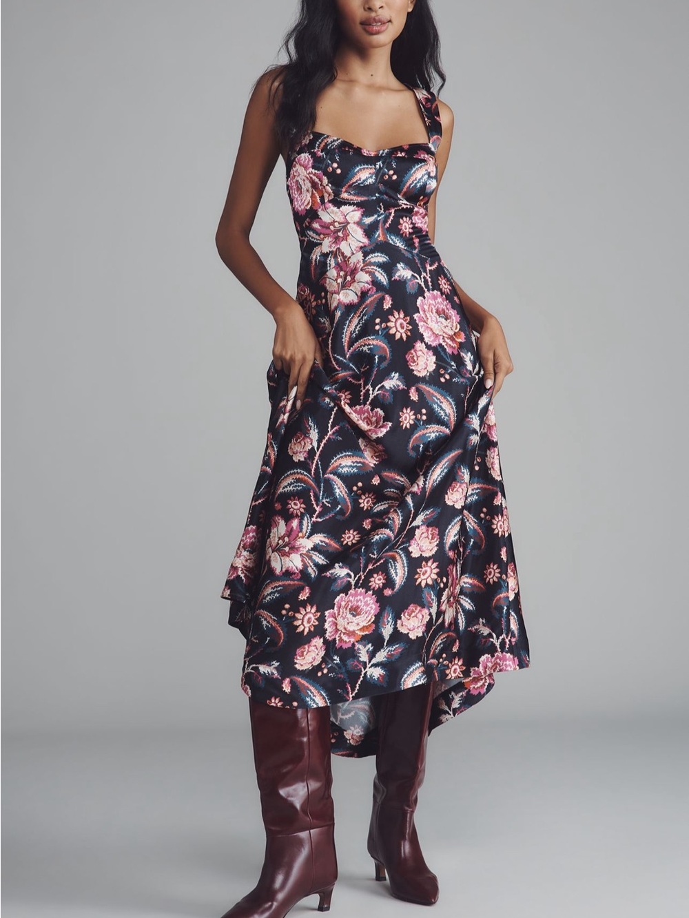 Maeve Black Floral Maxi Dress with Pink Blooms
